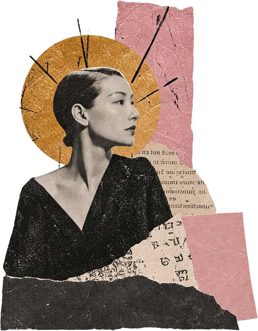 Collage portrait of a woman in profile with a gold halo of torn paper