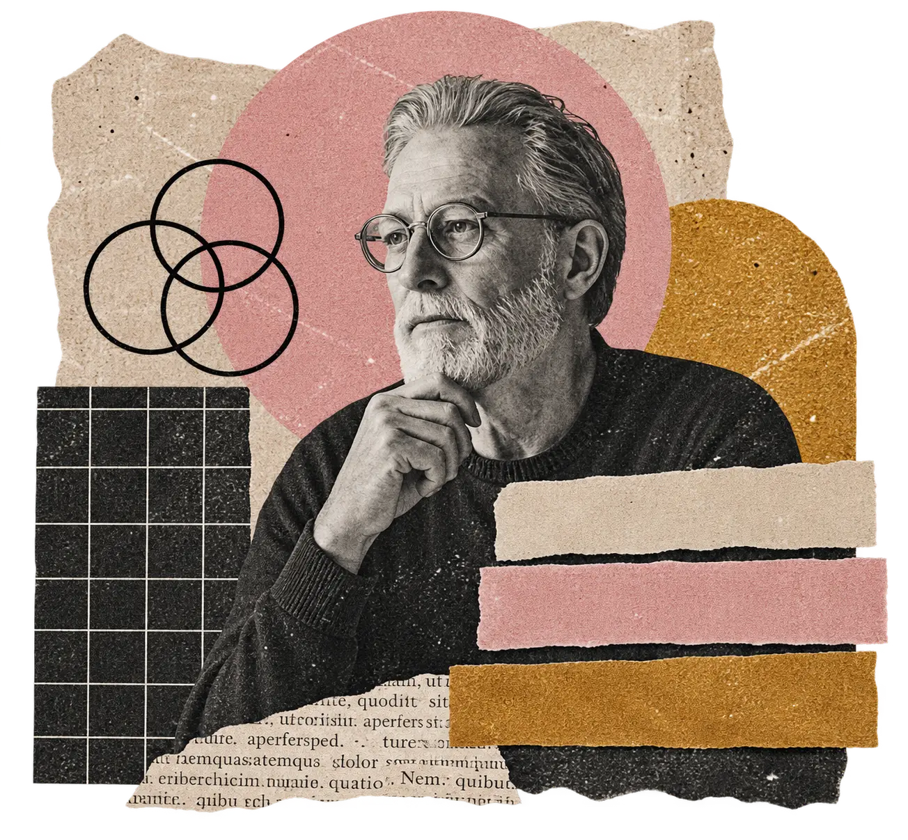 Collage portrait of a bearded man with glasses and hand beneath his chin, among torn paper, a printed text fragment and geometric diagrams